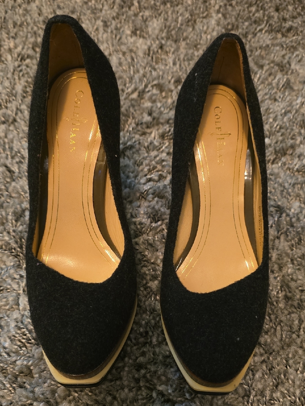 Cole Haan Black Wool Platform Pumps with Tan Insole